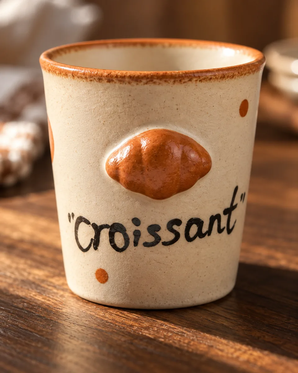 The Croissant cup close up: brushwork under the glaze