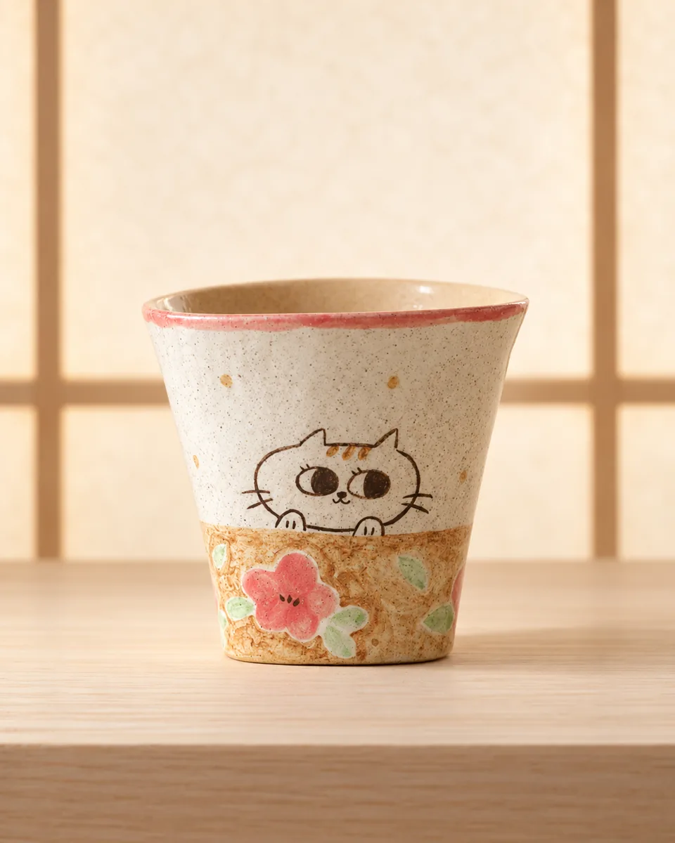 Brush-Painted Cat Cup, Flower Wall