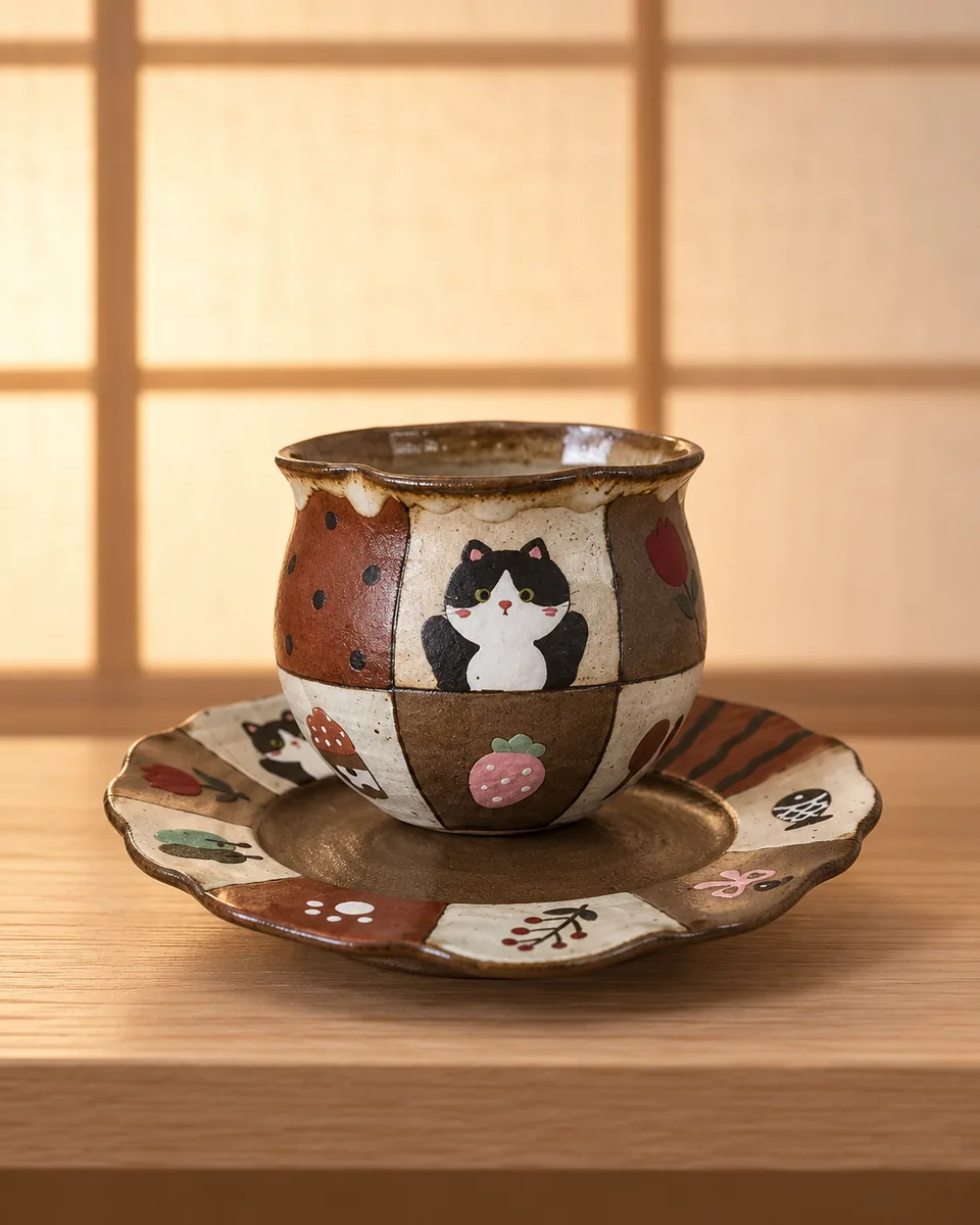 Flower-Rim Cup and Saucer with Painted Animals, Tuxedo Cat