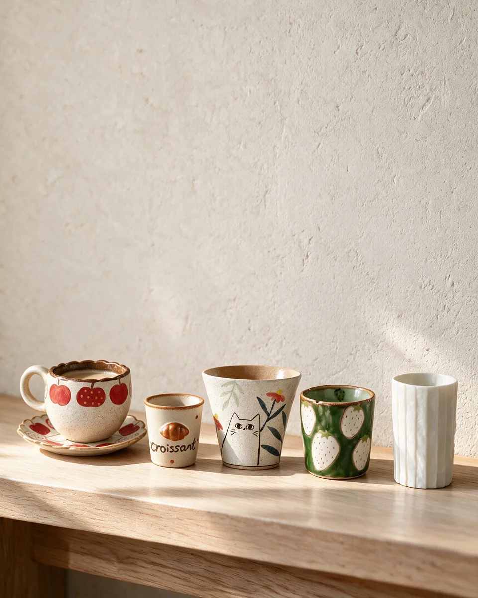 Painted cups in a row on a wooden ledge in morning sun
